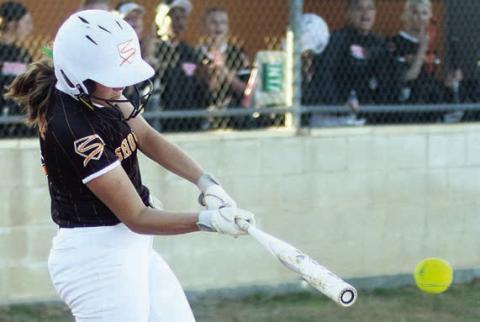 Kerr McBride sends a base hit to left field in the bottom of the second inning against Flatonia.