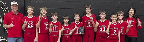 The St. Rose fifth-sixth grade B team includes (from left) coach Neal Goedrich, Justin Schramek, Levi Johnson, Hudson Ohnheiser, Barett Redman, Luke Goedrich, Jacob Schramek, Noah Heger, Andrew Besetzny, Jack Schiffli and assistant Laurie Goedrich.
