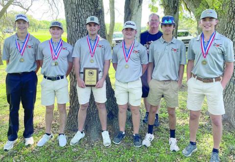 Shorthorn golfers, shown after their district championship, are: (front, from left) Van Prihoda, Reid Janda, Jackson Faith, Brycen Schramek, Brant Redman, and Jayse Janda. Also pictured is golf coach Richard Hoogendoorn (back). Sticker Photo By Darrell Vyvjala