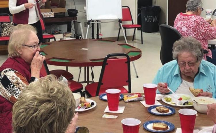 Guest Speaker – Paula Grahmann (standing at back left), owner of Your Hometown Pharmacy, was the lunch-and-learn speaker at NVCC on Monday, Nov. 29. Shown at the table in front finishing their meal while listening to Grahmann’s presentation are Judy Klesel (foreground left), Aileen Kasper (behind Klesel) and Irene Janda (right).