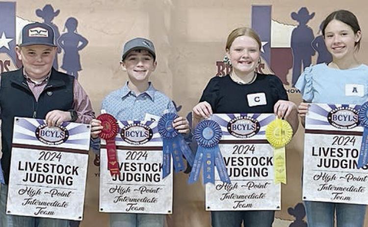 Champion Intermediate Team – (from left) Abraham McBride, Crockett Guenther, Kaisley Janecka andAlexis Berckenhoff.Abraham McBride and Crockett Guenther are members of the Schulenburg 4-H.