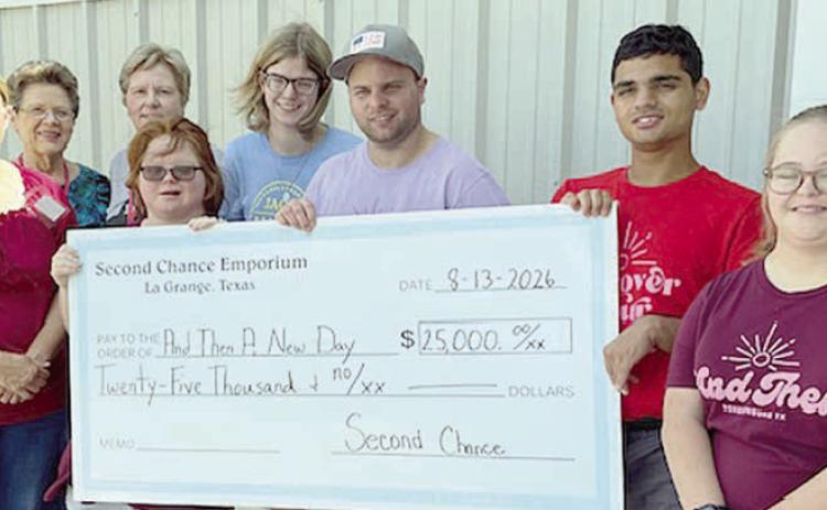 On hand as Seco nd Chance Empor ium made a donation to And Then A New Day were (from left) Marlene Schnell, SCE assistant store director; Sharon Pargac, SCE church volunteer; Marian Tajchman; SCE church coordinator; and Brooke Shimek, Emma Kubala, Ty Janak, Anthony Benedict and Mary Svec, representing And Then A New Day.