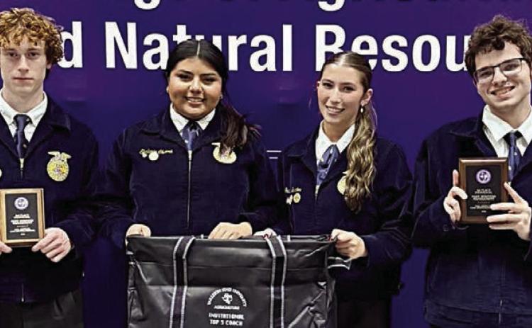 FaRm BuSineSS managemenT Team of (from left) Cody Lewis, Shalanie Olvera, Gracie Burton and  Scott Bass placed third overall. Cody Lewis was second high individual and Scott Bass was fourth high individual.