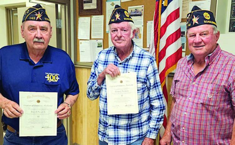 50-year Legion membership certificates Emil Pauler (left) and Dannie Tajchman (center) received 50-year membership certificates from Schulenburg American Legion McBride Post 143 at the monthly meeting on Tuesday, April 4. Making the presentation was Post 143 commander Bob Heinrich (right). A 50-year membership certificate also went to Daniel Kutac (not shown).