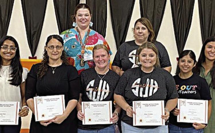 Schulenburg ISD Teacher Grant Recipients – (front row, from left) Jasmeen Modi, Adina Barnett, Carol Hargadine, Macey Thompson, Cristina Moreno; (back row) Kristen Graeter Holub and Melissa Adcox. Representing Stanzel Family Foundation, program director Melanie Ramirez (front right).
