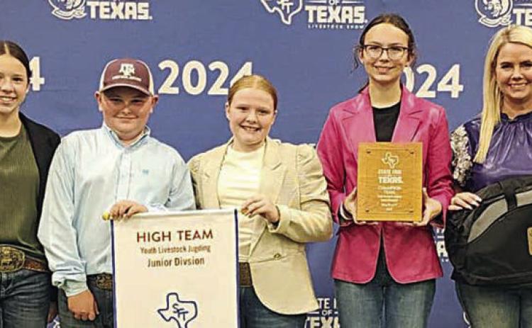 Champion Junior Team – (from left) Alexis Berckenhoff, Abraham McBride, Kaisley Janecka, Tatum Fritsch and coach Kaci Carrales. Abraham McBride is a member of the Schulenburg 4-H.