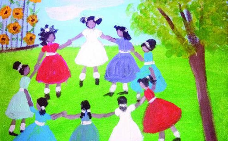 Primitive folk art by Dorothy Shelby includes the piece “Girls Playing” above and multiple examples at right.