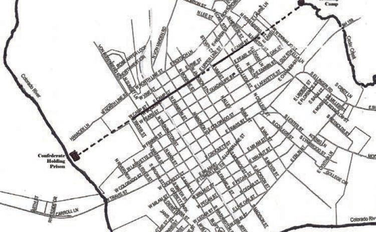Map of La Grange showing Camp Street and the road that connected the Confederate prison camp on the Colorado River and the Campground Spring pool on Cedar Creek during the Civil War era.