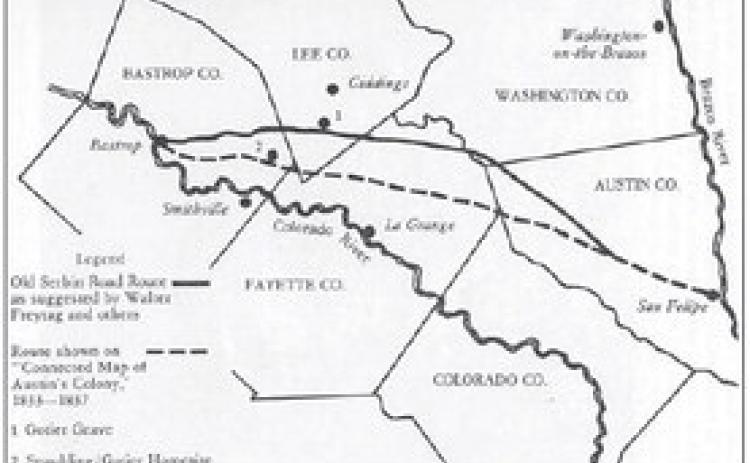 This map uses the Gotier spelling, instead of Gotcher, and is courtesy of Kenneth Kesselus. It appears on page 77 of his book, Bastrop County Before Statehood.