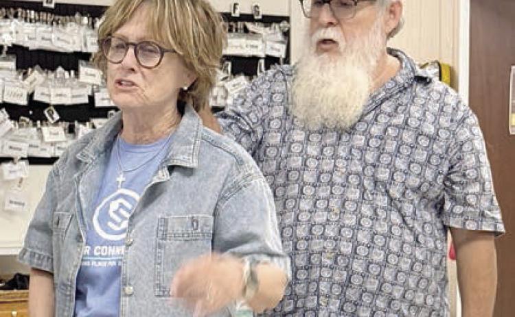 An informative “safe and secure” workshop was presented by David McCall in Schulenburg in August. He covered car and travel safety, including hands-on identification of the spare tire and jack in each participant’s vehicle, along with home security and personal safety. He is shown with Lucy Stanzel demonstrating how to get away from someone who grabs you from behind – the trick is to turn in toward the attacker and then go for his or her eyes.