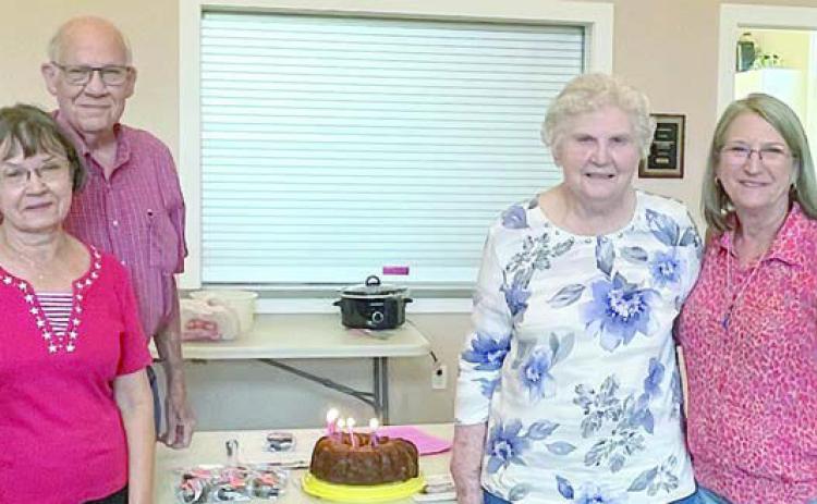 Birth day celebrants – (from left) Betty Danner, Phyllis Teykl, Tom Teykl, Georgia Vyvial, Vera Wehring and Carolyn Surface.