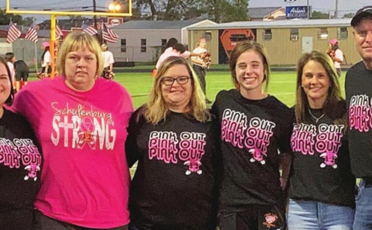 On hand for the presentation of funds raised by the Student Council for cancer awareness were (from left) Dawn Hoffman, Sheila Brossmann and Peggy Hauser, representing the Southern Fayette County Relay For Life team; Clare Antosh, Student Council president; and Tonia and Shane Hollas, representing Frank Schindler who was recently diagnosed with cancer (Shane is Schindler’s step-son).