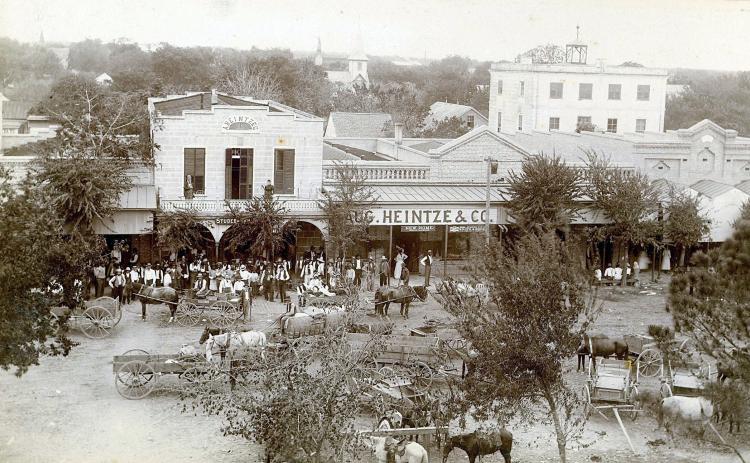 Melcher’s view of the east side of the public square in La Grange taken from the upper balcony of the Fayette County Courthouse in 1895. Notice that the people are all posing for the photograph.  Courtesy of Fayette Heritage Museum & Archives
