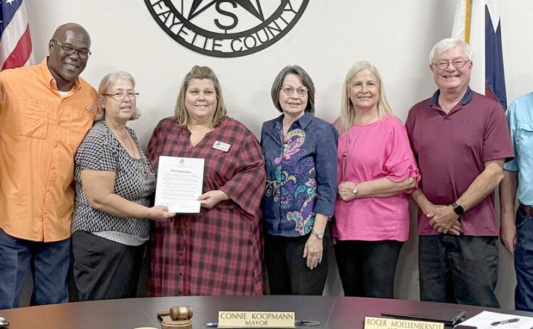 The Schulenburg City Council meeting on Monday, Nov. 4 included a proclamation recognizing Parents As Teachers of Rural South-Central Texas.  Shown are (from left) City Administrator Tami Walker, Alderman Greg Thomas, Mayor Connie Koopmann, Karen Hoskins and Helen Niesner of Parents As Teachers  of Rural South-Central Texas, Alderman Kathy Kleiber, Alderman Roger Moellenberndt and Alderman Clarence Ahlschlager. Sticker Photo By Layne Vyvjala