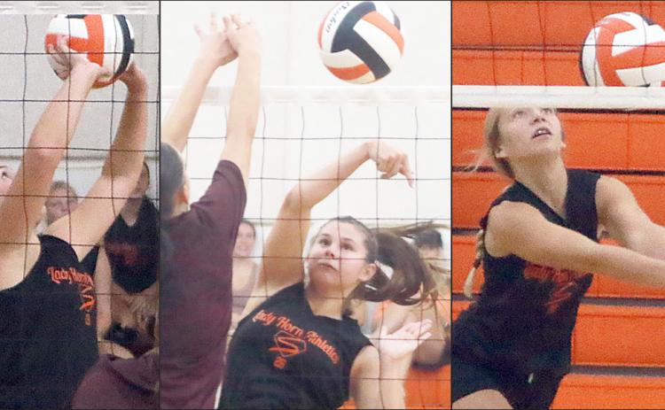 2024 ALL-STATERS (from left) Landry Zapalac, Haylee Vacek, and Michaela Kollmann return to lead this year’s Lady Horn volleyball team. Along with three other returners and three new faces to varsity, they got 2025 under way in four-team scrimmage held at SHS Gym. Sticker Photos By Darrell Vyvjala