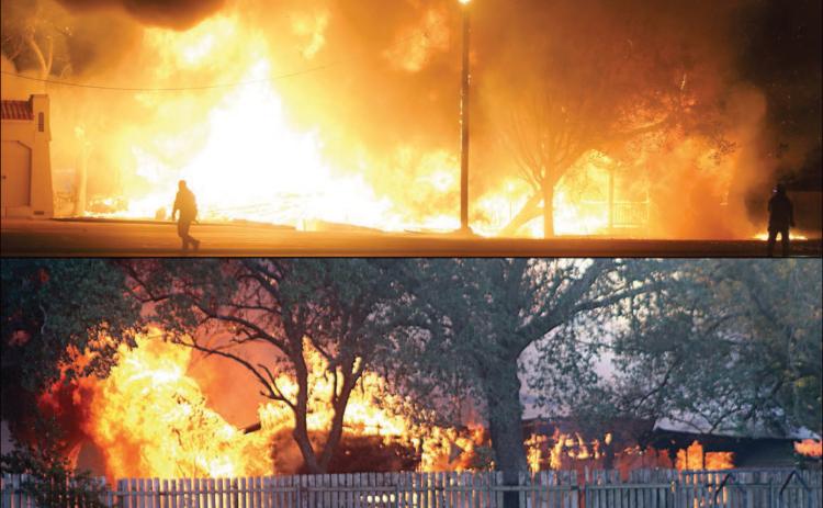 Two fires destroyed structures in town during the second half of 2025 – (above) two homes on Summit Street, as reported in the Nov. 13 issue, and (below) an out-building behind a vacant home on Bucek Street, as reported in the Aug. 28 issue. Sticker File Photos