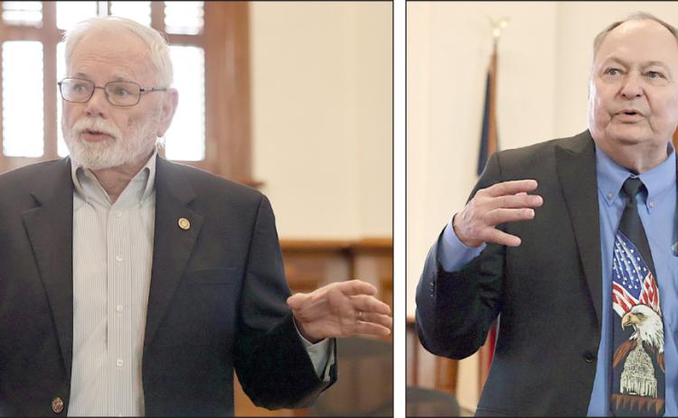 Fayette County Semiquincentennial Commission Chairman Larry Jackson (left) and Fayette County Judge Dan Mueller (right) speak at last week’s meeting to plan events for America’s 250th birthday. Photos By Melanie Berger / Courtesy of Flatonia Argus