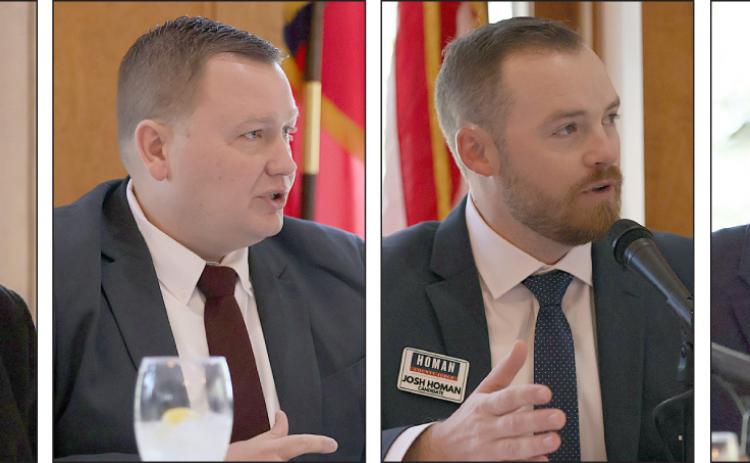 Candidates for Fayette County judge answer questions at last weekend’s forum – (from left) Michael Zweschper, Josh Vandever, Josh Homan, and William P. Bernsen. Photos By Melanie Berger / Courtesy of Flatonia Argus