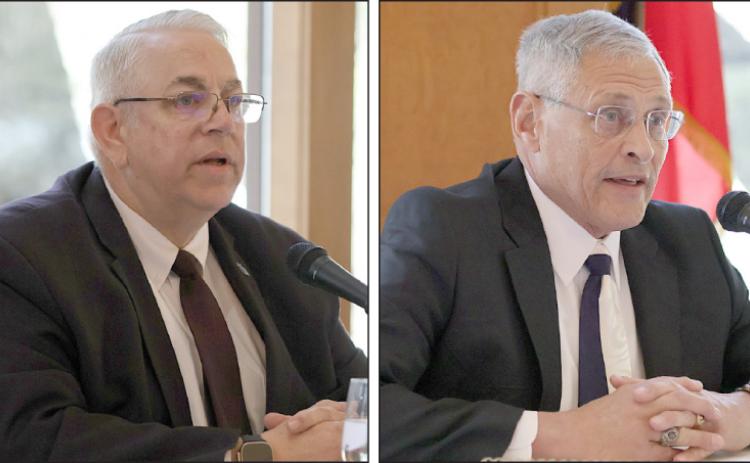 State representative candidates Stan Kitzman (left) and Dennis Geesaman (right) answer questions at Saturday’s forum. Photos By Melanie Berger / Courtesy of Flatonia Argus