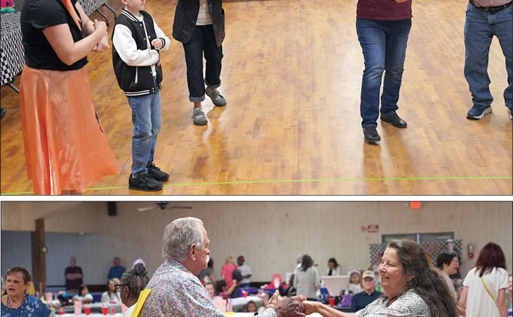 Some of those enjoying the “Happy Days Sock Hop” included (top photo, foreground from left) Kristi McBride, Kes McBride, Stephanie Shroyer, Cindy Ferguson and Johnny Fojtik; (bottom photo) Mac Schramek and Megan Horton in the foreground and Caroline Mitchell and Patricia Winkelman in the background.