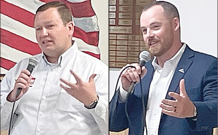 County judge candidates Josh Vandever (left) and Josh Homan (right) give opening remarks at last week’s town hall meeting in Schulenburg. Sticker Photos By Darrell Vyvjala