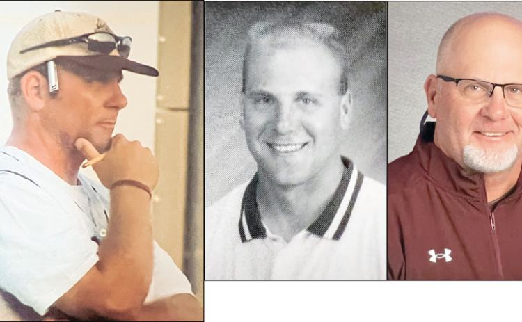 Shawn Bruns, from early in his career (middle photo) to on-field coaching later on (left) and a more recent photo (right).