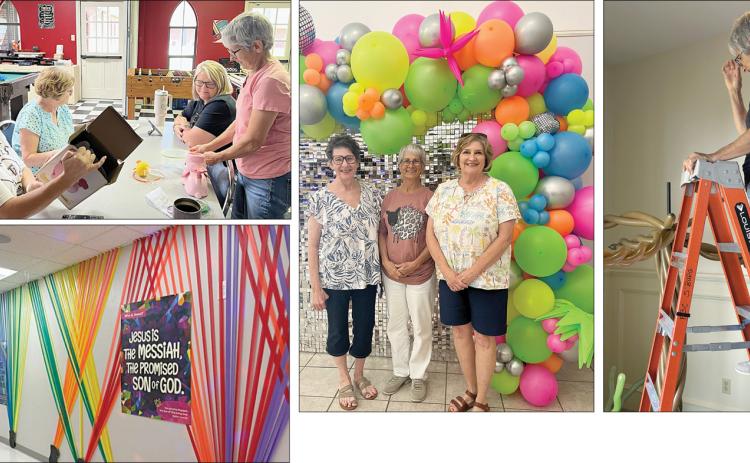 Making preparations – (on ladder) Ginger Tanagho; (seated at table, from left) VBS directors Vannessa Salem, Phyllis Jurica, Becky Heger and Ginger Tanagho; (standing with balloons, from left) FBC nursery director Debbie Florus with VBS directors Ginger Tanagho and Phyllis Jurica; and (bottom left) hallway with colorful decor and posters.