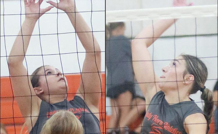Haylee Vacek (left) taps over a ball and Greenli VanZandt (right) swings for kill during the Lady Horns’ scrimmages last Friday. The two senior outside hitters return as the team’s leaders in kills from a year ago. Sticker Photos By Darrell Vyvjala