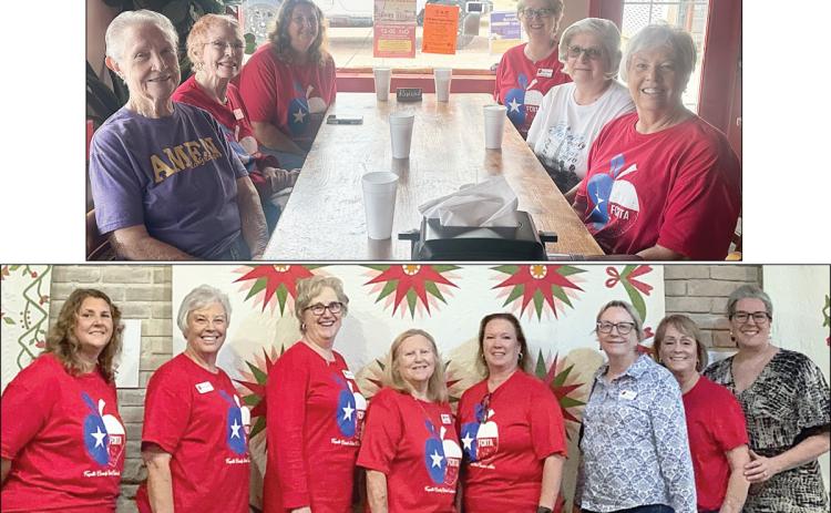 TOP PHOTO - Left side, front to back – Marceil Prestridge, Karen Fitch, and Kim Bonewald. Right side, front to back – Terri Wagner, Joan Miertschin and Peggy Halamicek. BOTTOM PHOTO - shown at the Texas Quilt Museum with Deborah Blanchette Bradley (right), museum managing director, are (from left) Kim Bonewald, Terri Wagner, Peggy Halamicek, Donna Burton, Lisa Slinkard, Kim Joost and Susie Grider.
