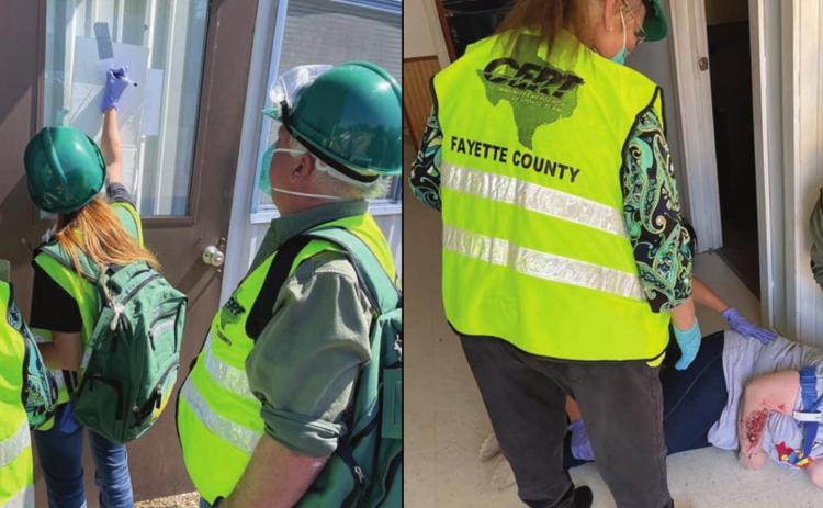 HANDS-ON TRAINING – The live drills that concluded the CERT training in Fayette County included (left photo) CERT team members using FEMA markings to indicate a building has been searched and (right photo) two team members treating a person portraying a tornado victim.
