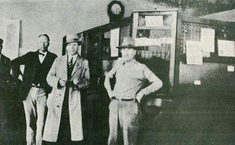 Interior of Carmine State Bank – From left, the men are William Pluekhahn, H.L.F. Doerr Sr., Alfred Blum and W. H. Stuermer. Photo from March 4, 1986 issue of Fayette County Record