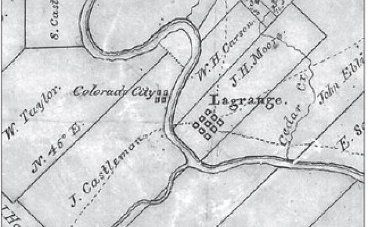 Detail showing the sites for both Colorado City and La Grange along the Colorado River on an 1840 map of Fayette County by W.H. Sandusky, Texas General Land Office draftsman [GLO #3539].