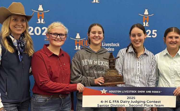 (from left) Houston Livestock Show & Rodeo representative and Schulenburg FFA team members team members Jolene Jarvis, Mikayla Stang, Kenna Oliver and Landry Zapalac.