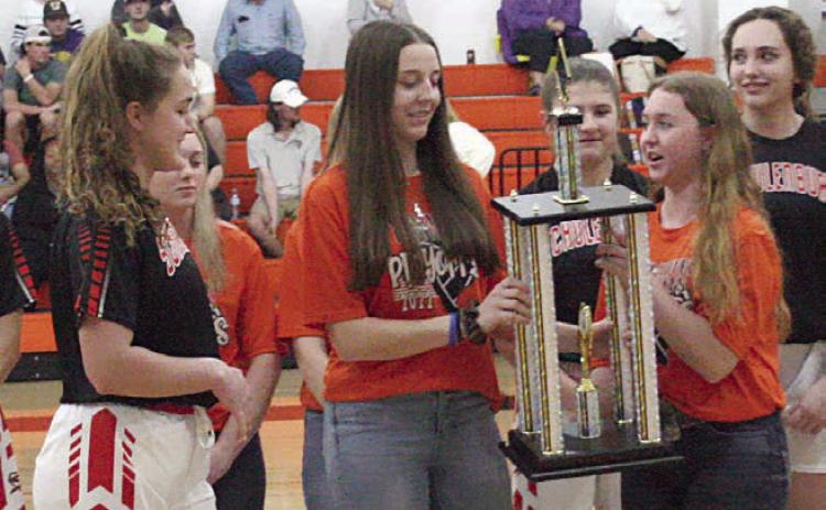 Seniors (from left) Tamara Otto, Mackenzie Kunschick, and Harly Zapalac accept the trophy.