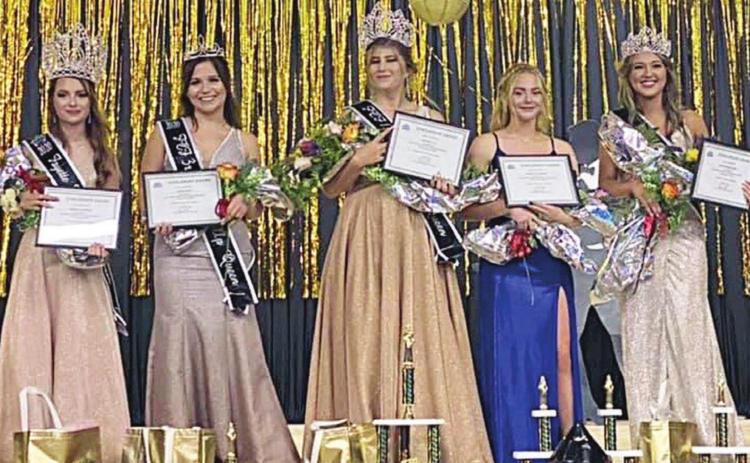 Pageant winners – (from left) Queen Cierra Fitzpatrick, 3rd runner-up Halie Peter, 1st runner-up Raygen Pyle, Miss Photogenic and Miss Congeniality Abigail Stockton, and 2nd runner-up and Miss Beauty &amp; Poise Layne Morgan Wied.