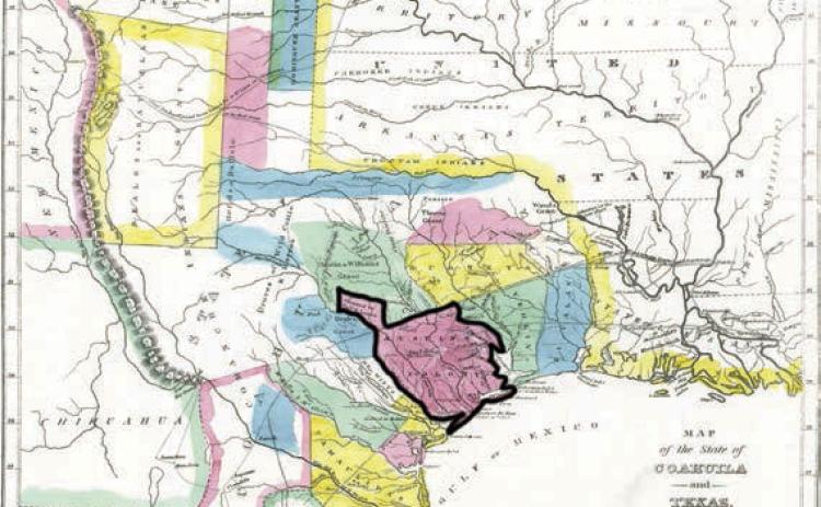 1833 map of Coahuila and Texas from Wikipedia. A dark outline has been added to the map to show the location of Austin’s Colony. (This image from Wikipedia is in the public domain which applies to U.S. works where the copyright has expired.)