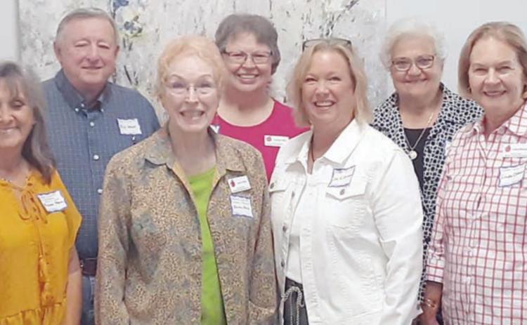FAYETTE COUNTY RETIRED TEACHERS; ASSOCIATION MEMBERS attending the District 13 Spring Leadership Conference were (front row, from left) Melanie Mica, Karen Fitch, Lisa Slinkard, Linda Oltmann, (back: row) Rick West, Carolyn West and Nancy Pietsch.