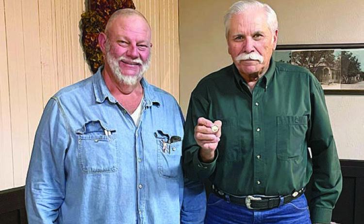 A 75-year membersh ip pin was presented to Milton Mache (right) by Hermann Sons Life Lodge 14 president Ed Moeller (left) at the meeting on Wednesday, Feb. 8.