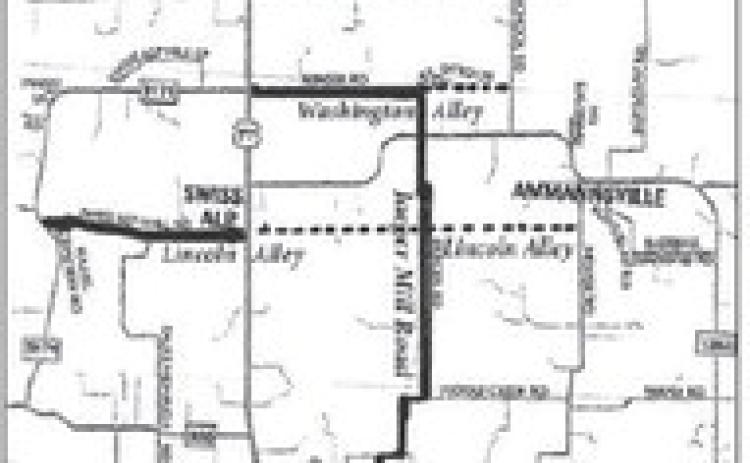 The former locations of Washington Alley and Lincoln Alley on this map are highlighted with darker horizontal lines. The darker vertical line indicates the location of the old Jaeger Mill Road.