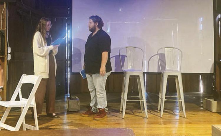 The cast of “Now and Then,” a romantic comedy by Sean Grennan, includes (from left) Brandon Theut, Emily Hudson, Austin Williams and Melanie Lira. The setting for the play is at a bar in 1981.