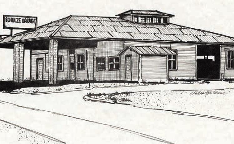 M. Shurl ey made his pen and ink drawing of the Schulze Garage in La Grange for a 1998 calendar produced by Hengst Printing &amp; Office Supplies for its customers. – Courtesy of Fayette Heritage Museum &amp; Archives