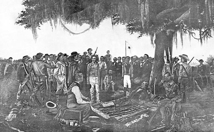 Joel Robison is pictured on a horse above and to the right of Santa Anna, who is standing at Houston’s feet, in this black and white reprint of William Henry Huddle’s painting, “Surrender of Santa Anna: The Day After the Battle of San Jacinto.” Provided to The Portal to Texas History by the Star of the Republic Museum