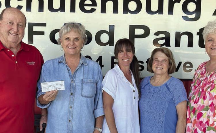 The High Hill-Schulenburg branch of Catholic Life Insurance made a monetary donation to the Schulenburg Area Food Pantry. On hand for the presentation were (from left) Royce Shimek, Catholic Life member; Debra Blansitt and Jamie Zimmermann, representing the Food Pantry; and Jeanette Vaculik and Ann Florus, Catholic Life members.