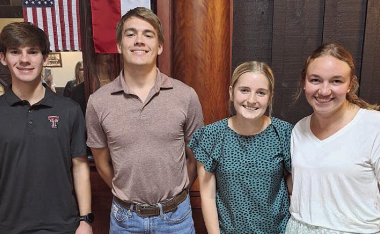 Scholarship recipients who spoke at the Hermann Sons Life meeting were (from left) Trevor Janak, attending Texas Tech University; Marcus Seger, attending Texas A&amp;M; Madison Kunschick, attending Texas State; and Mikayla Otto, attending Texas A&amp;M.