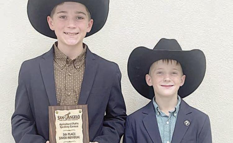 Crockett Guenther (left) and Rowdy Guenther (right), both members of the Schulenburg 4-H Club, competed in the San Angelo Livestock Show Agricultural Public Speaking Contest on Saturday, Feb. 7. Crockett was fifth overall in the junior division and his topic was “Marketing Behind the Label.” Rowdy also competed in the junior division and his speech title was “Value of the Red Hide.”