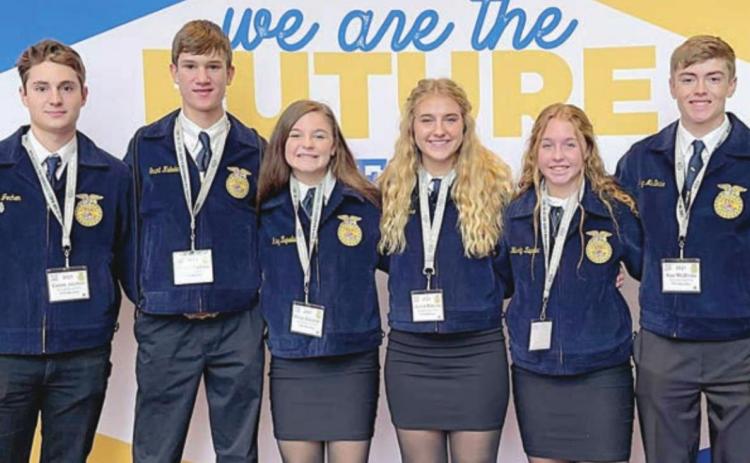 NATIONAL CONVENTION ATTENDEES – (from left) Caleb Jochen, Grant Kubala, Riley Zapalac, Jenna Matura, Harly Zapalac, and Kaz McBride. They were accompanied by Schulenburg FFA Advisor Kacie Gallegos.
