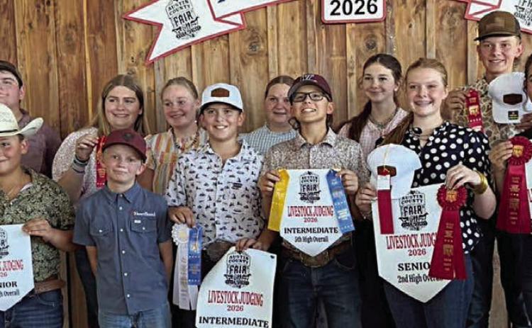 Fayette County 4-H members participating in the Austin County Livestock Judging Contest were (front row, from left) Stockton Emshoff, Bowen Bishop, Joe Carrales, Hudson Holub, Tate Fritsch, Kaisley Janecka, Adalyn Carrales, Tatum Fritsch, (back row) Hayleigh Pizzitola, Rilan Karisch, Rheagan Karisch, Julia Melton, Brealey Nieto, Laramie Laake and Holden Holub.