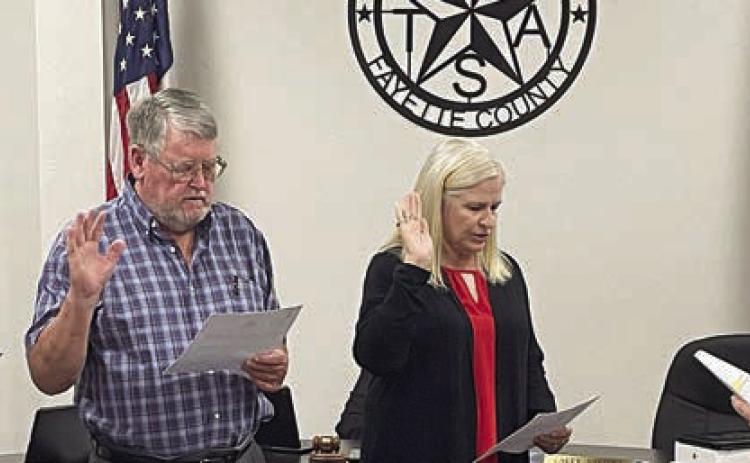 Taking the oath of office for two-year terms on the City Council are (from left) Roger Moellenberndt, Clarence Ahlschlager, and Kathy Kleiber. City Secretary Mason Florus (right) issued the oath at last week’s meeting. With all three unopposed, no election was held in May. Moellenberndt, who formerly served as mayor, takes over as Place 3 alderman while Kleiber assumes Place 5 and Ahlschlager continues in Place 4. Incumbents Larry Veselka and Scott Stoner chose not to seek re-election. Sticker Photo