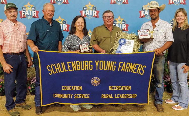 Pictured are: (from left) Mark Vecera representing La Grange Farm and Ranch, Dennis Brower of BWI, Darlene and Bob Stryk of Stryk Jersey Farm, Charles Zapalac of Schulenburg Livestock and Susan Wick of the Schulenburg Young Farmers. Photo By Andy Behlen / Courtesy of Fayette County Record