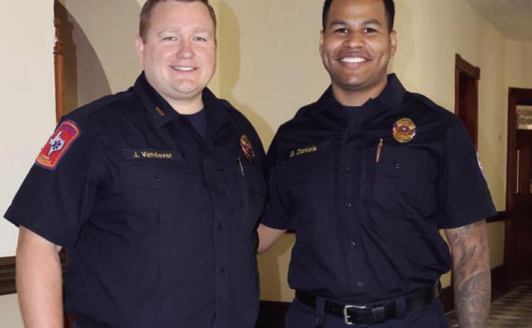 Fayette County EMS Director Josh Vandever (left) introduced Fayette County Assistant EMS Director Gary Daniels (right) during the Commissioners Court meeting on Thursday, Sept. 28. Photo By Melanie Berger / Courtesy of Flatonia Argus